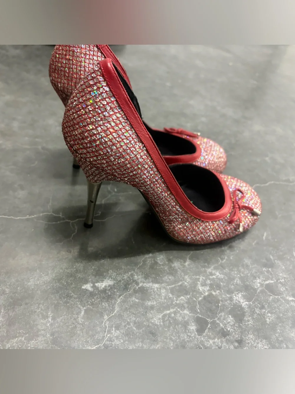 VTG NaNa Red Glitter D'Orsay Heels Bow Pumps 6.5 Punk Goth Retro Y2K